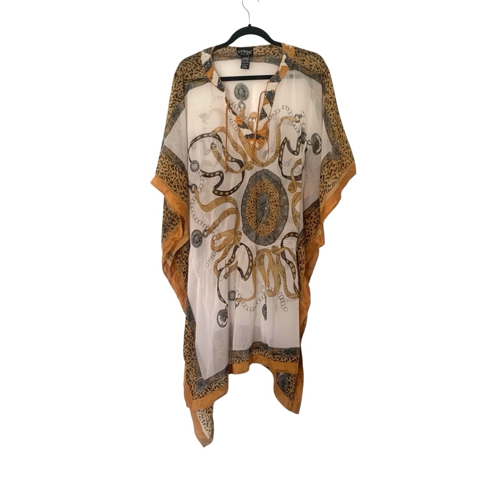 Tokyo Denam Bank Sheer One Size Leopard Trim Beaded Neckline Kimono Cover-Up